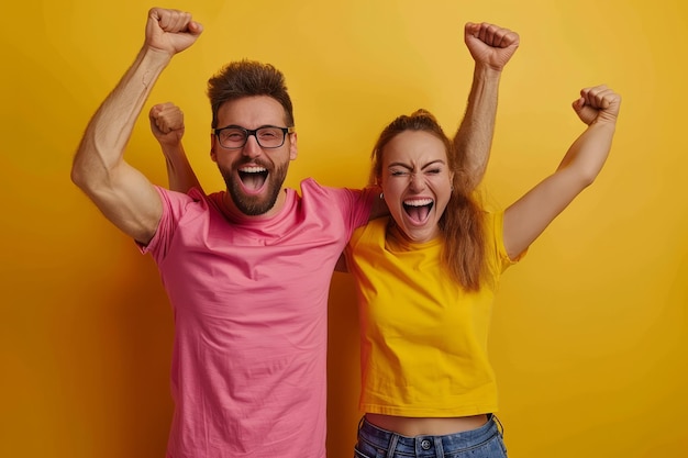 Una giovane coppia gioiosa celebra il loro successo su uno sfondo giallo che trasuda gioia e incarna il concetto di vittoria