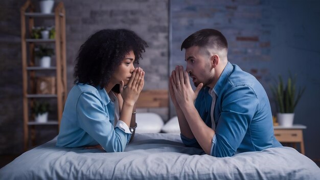 Una giovane coppia ha problemi nella loro relazione e discute in camera da letto l'uomo sta ignorando il suo g