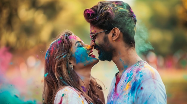 Una giovane coppia indiana allegra e innamorata che gioca con colori colorati o celebra il festival di Holi nel parco e si bacia