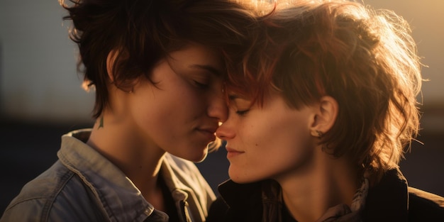 Una giovane coppia lesbica si tocca la fronte da vicino.