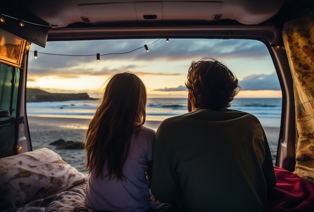 una giovane coppia nel loro camper che guarda la bellissima scena sulla spiaggia