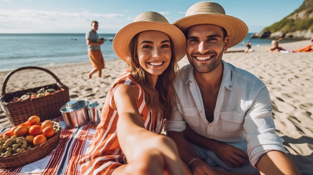 Una giovane coppia posa romanticamente per una foto mentre fa un picnic sulla spiaggia
