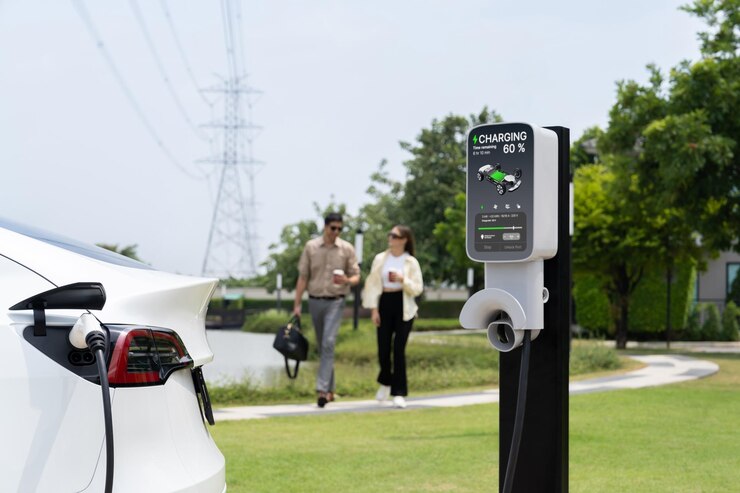Una giovane coppia ricarica la batteria dell'auto elettrica alla stazione di ricarica