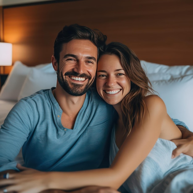 una giovane coppia seduta nel letto sorriso luminoso foto