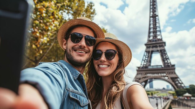 Una giovane coppia si fa un selfie sullo sfondo della Torre Eiffel, messa a fuoco selettiva, IA generativa.