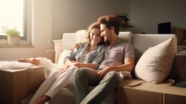 Una giovane coppia si siede su un divano in una nuova casa o in un appartamento circondato da scatole in movimento Creato con la tecnologia dell'IA generativa