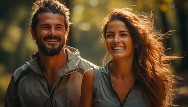 Una giovane coppia sorridente che si gode la natura, l'amore e la convivenza all'aperto generati dall'IA