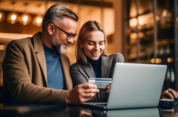 Una giovane coppia sta usando un portatile e sorride mentre è seduta in un caffè.