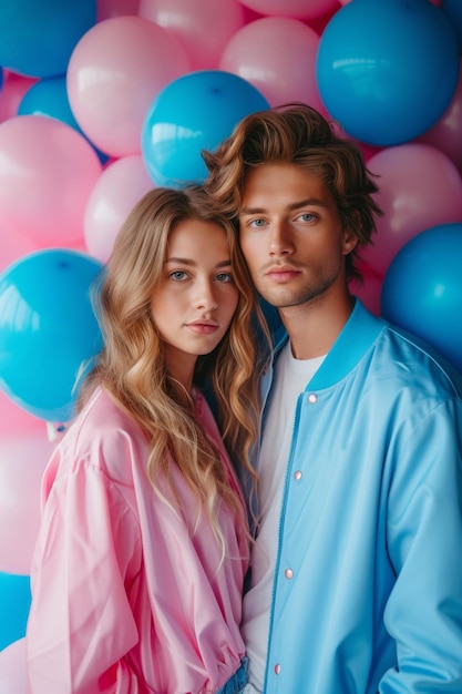Una giovane coppia su uno sfondo di palloncini rosa e blu Festa di genere