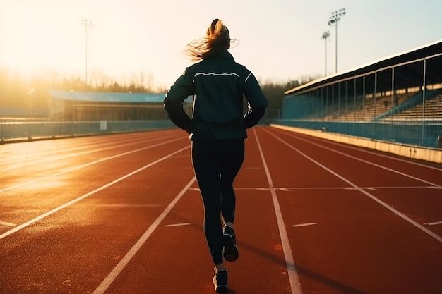 Una giovane corridore femminile che corre sulla pista dello stadio Illustrazione di IA generativa Luce del tramonto