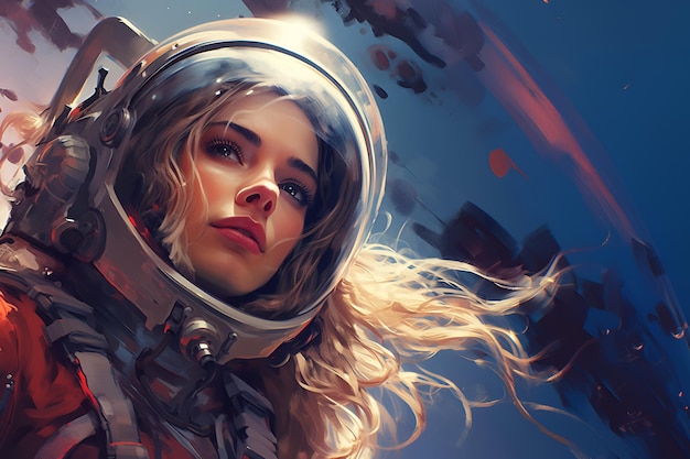 Una giovane cosmonauta in tuta spaziale con i capelli svolazzanti nel vento sullo sfondo del cielo notturno Una donna nello spazio