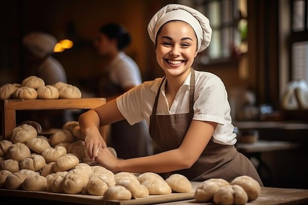 Una giovane cuoco panettiere sta sorridendo a un mucchio di sfere di pasta su un bancone di un panettiere