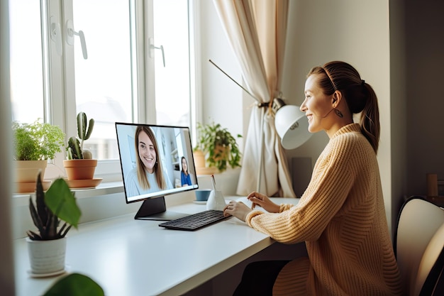 Una giovane donna a Riga, in Lettonia, viene vista fare una videochiamata usando Zoom sul suo computer a casa sua