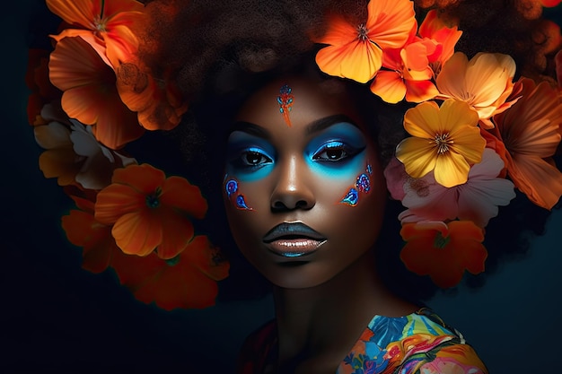 Una giovane donna africana con trucco colorato siede in una stanza buia ispirata alla pop art e al potere dei fiori con toni arancio scuro e azzurro chiaro Perfetto per il design contemporaneo IA generativa