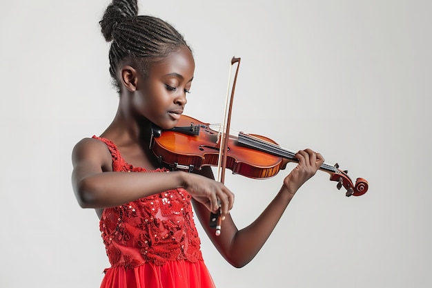 Una giovane donna africana in abito nero è emersa suonando il violino su un ambiente bianco