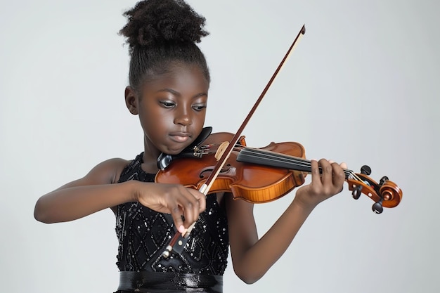 Una giovane donna africana in abito nero è emersa suonando il violino su un ambiente bianco