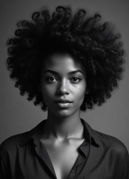 Una giovane donna afroamericana con lunghi capelli neri ricci e un'espressione sul viso