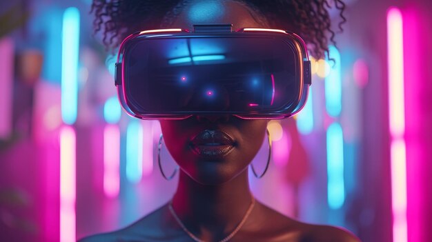 Una giovane donna afroamericana eccitata indossa occhiali VR e tocca qualcosa di invisibile nello spazio di copia Una donna millenaria sperimenta un'avventura di realtà virtuale immersiva sullo sfondo di uno studio al neon