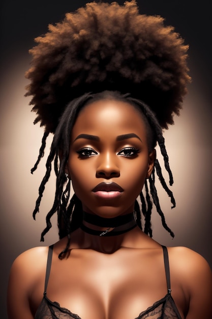 Una giovane donna afroamericana sexy con un reggiseno nero.