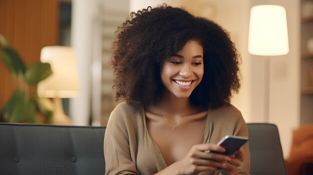 Una giovane donna afroamericana soddisfatta e a suo agio trova