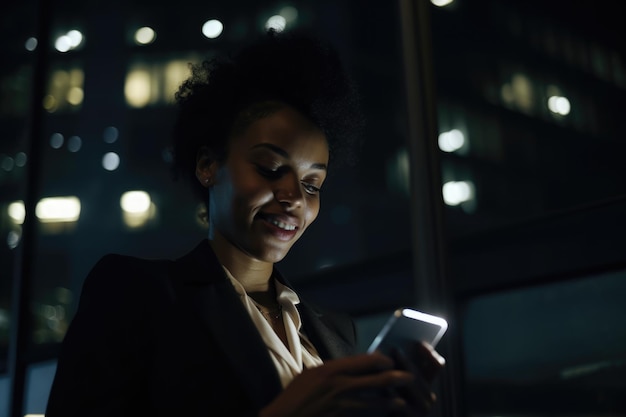 Una giovane donna afroamericana vestiti alla moda utilizzando il telefono cellulare con sfondo di strada urbana della città di notte IA generativa AIG18