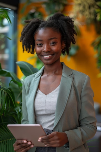 Una giovane donna allegra con un tablet digitale che irradia positività in un ambiente di ufficio contemporaneo