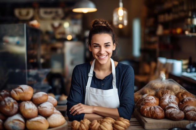 Una giovane donna allegra, operaia di una panetteria, sorride orgogliosa davanti a un'esposizione di diversi panini e pasticcini