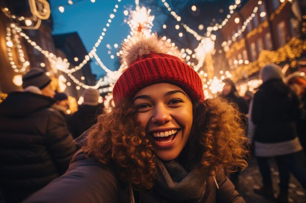 Una giovane donna allegra si fa un selfie al mercato di Natale con le luci di Natale