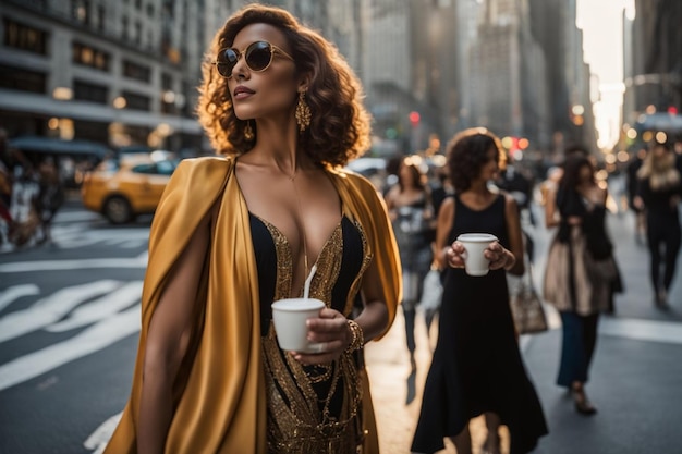 Una giovane donna alta e vibrante che cammina con gli occhiali da sole che tengono il cappuccino nell'elegante New York City