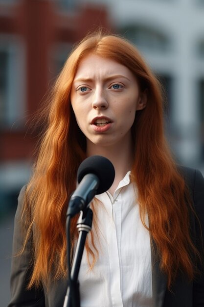 Una giovane donna arrabbiata che pronuncia un discorso alla telecamera fuori