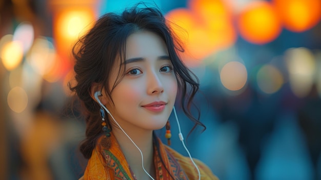 Una giovane donna asiatica ascolta musica con gli auricolari in città mentre aspetta un taxi al mattino Questa foto è volutamente granulata per evocare la sensazione di un'immagine di film 35mm