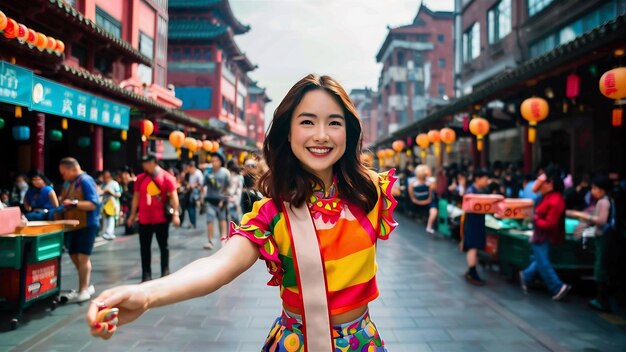 Una giovane donna asiatica bellissima e allegra si sente felice sorridendo alla telecamera mentre viaggia a Chinatown.