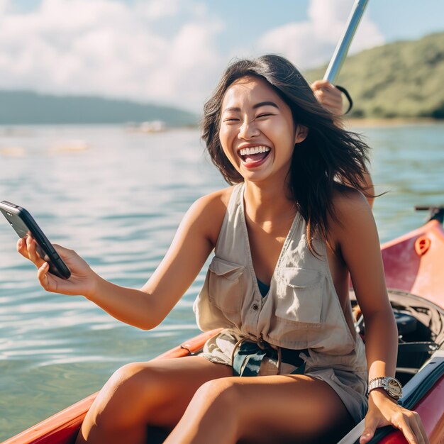 Una giovane donna asiatica con lo smartphone in mano seduta in mare su una barca Ai generative