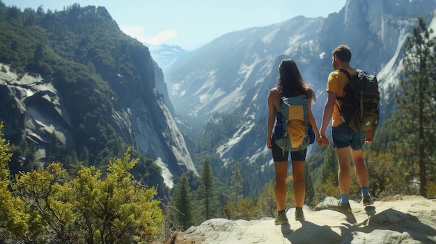 Una giovane donna asiatica e un uomo caucasico stanno facendo un'escursione nel Parco Nazionale di Yosemite, in California, negli Stati Uniti, e si stanno godendo un paesaggio di foresta di montagna in lontananza.