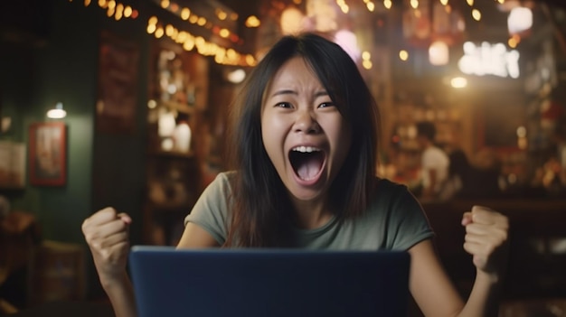 Una giovane donna asiatica felice che usa un portatile mentre è seduta in un caffè.