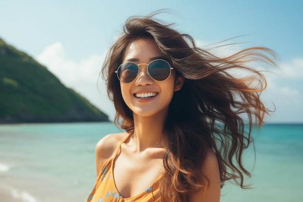 una giovane donna asiatica in occhiali da sole che gode delle vacanze estive