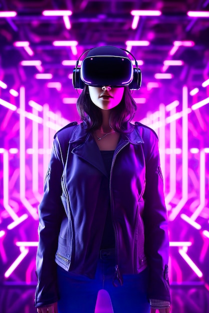 Una giovane donna asiatica utilizza un visore per realtà virtuale Ritratto in studio con luce al neon Concetto di gioco di simulazione di realtà virtuale e tecnologia del futuro AI generativa