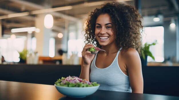 Una giovane donna atletica mangia un'insalata nel suo piatto mentre fa colazione