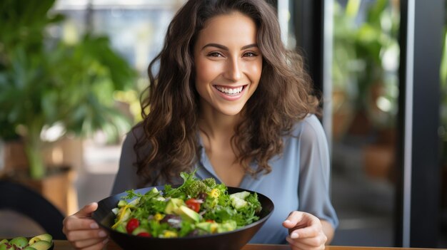 Una giovane donna atletica mangia un'insalata nel suo piatto mentre fa colazione