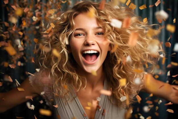 Una giovane donna attraente celebra un evento con confetti che cadono sullo sfondo