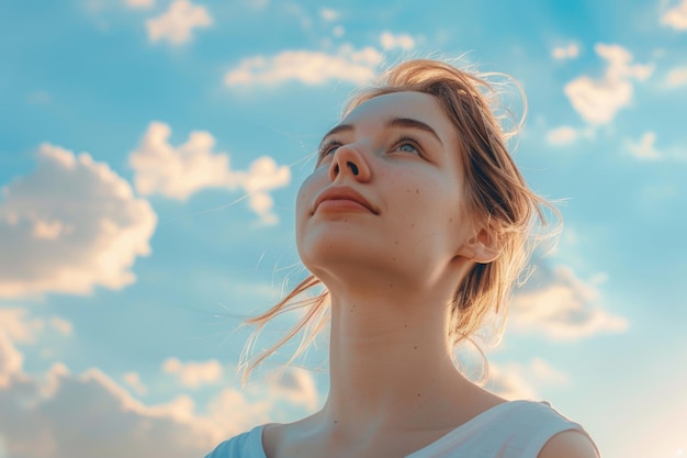 Una giovane donna attraente che guarda il bellissimo cielo con sentimenti di speranza e felicità.