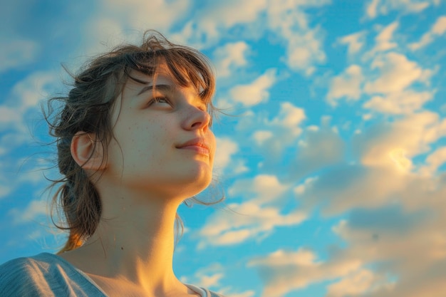 Una giovane donna attraente che guarda il bellissimo cielo con sentimenti di speranza e felicità.