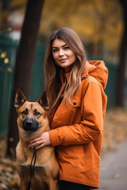 Una giovane donna attraente con il suo cane in piedi all'esterno creata con l'IA generativa