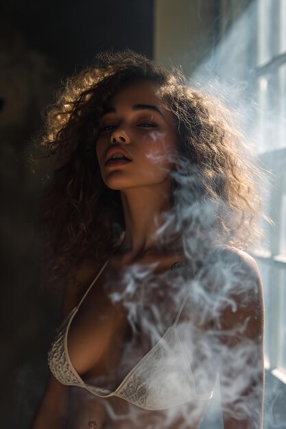 Una giovane donna attraente con un vestito corto che fuma in una stanza buia