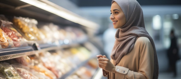 Una giovane donna attraente del Medio Oriente che indossa un hijab fa shopping in un supermercato.