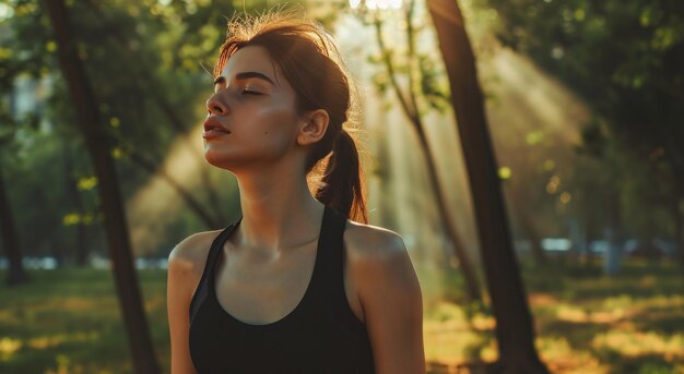 una giovane donna attraente in un esercizio nero nel parco