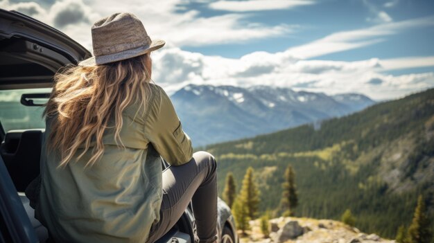 Una giovane donna attraente si siede accanto all'auto ammirando un bellissimo paesaggio in un viaggio creato con la tecnologia Generative AI