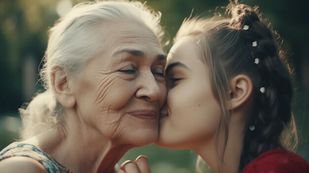 Una giovane donna bacia il viso di sua nonna.