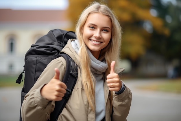 una giovane donna bionda vivace con uno zaino il suo dito sollevato simboleggia il migliore o il numero uno