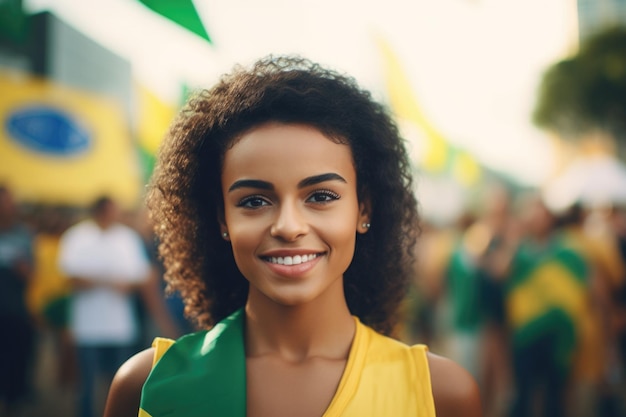 Una giovane donna brasiliana carina e una bandiera brasiliana sorridente Indipendente dal Brasile